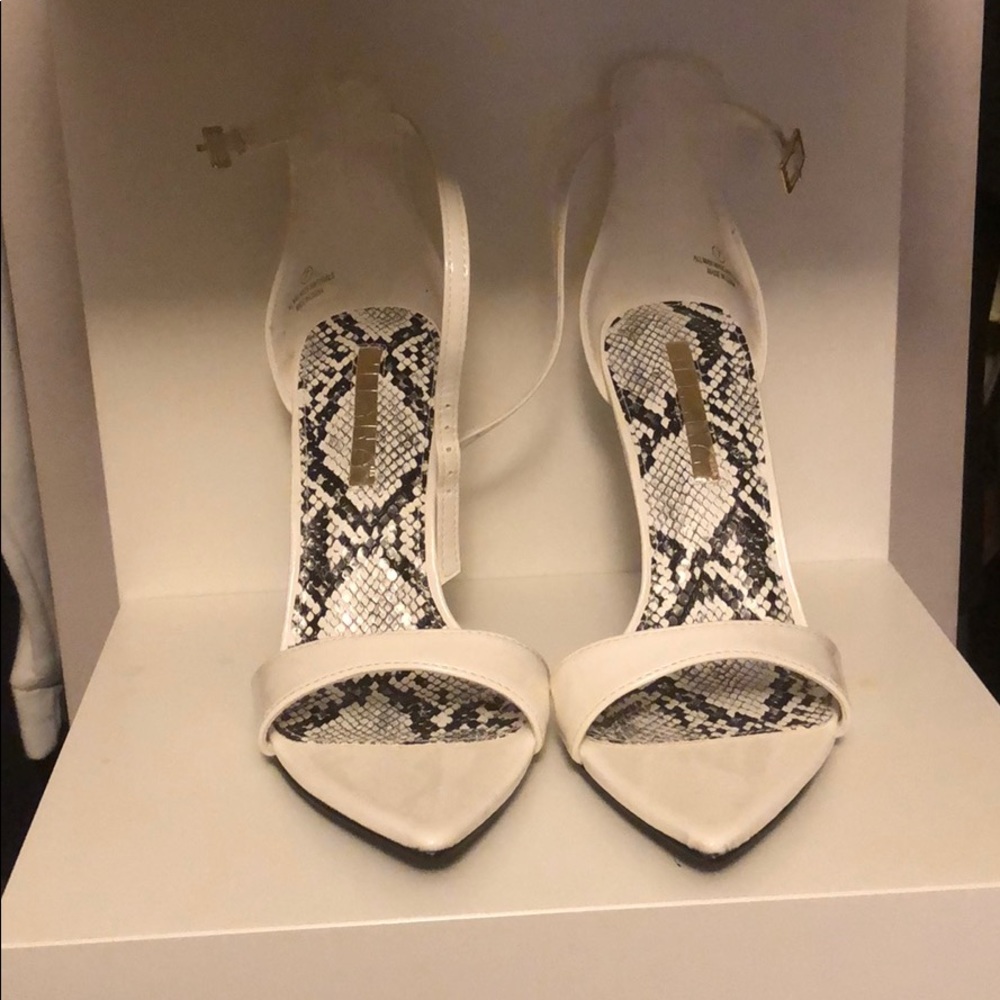 white pointed open toe heels